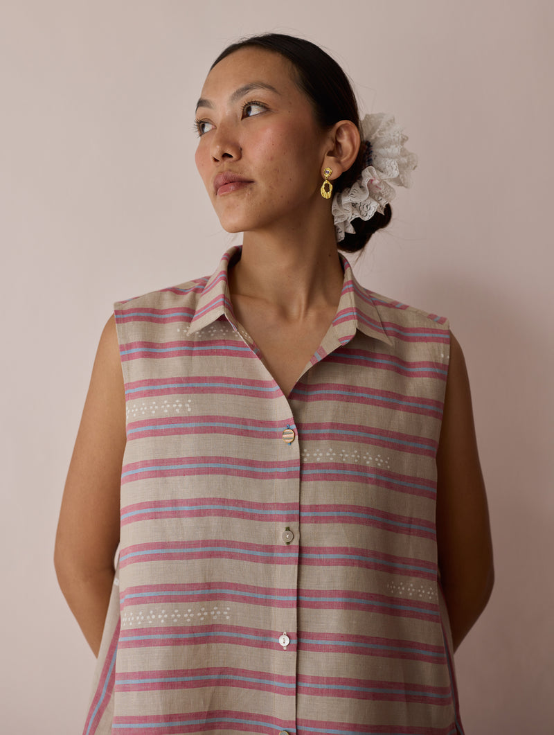 Ello Block-Printed Linen Co-ord-Natural linen co-ord set by Manan in off white for women Worldwide
