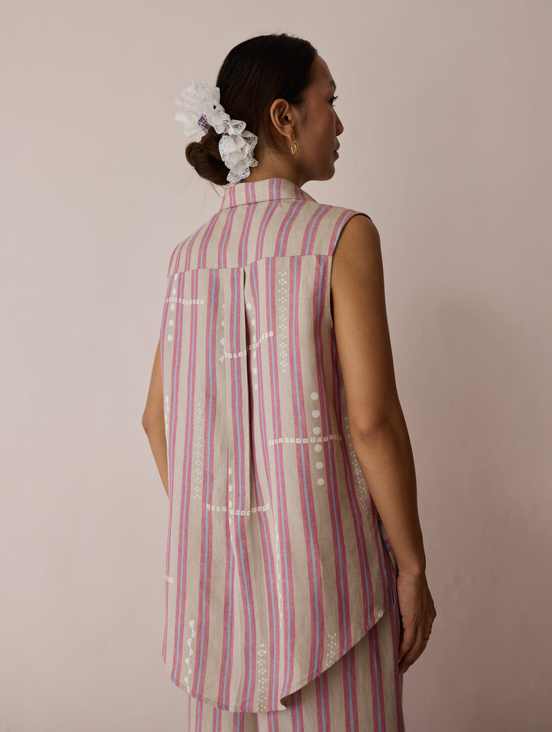 Ello Block-Printed Linen Co-ord-Natural linen co-ord set by Manan in off white for women Worldwide