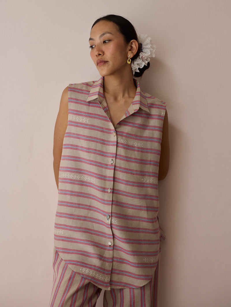Ello Sleeveless Block-Printed Linen Shirt-Natural linen top/shirt by Manan in off white for women Worldwide