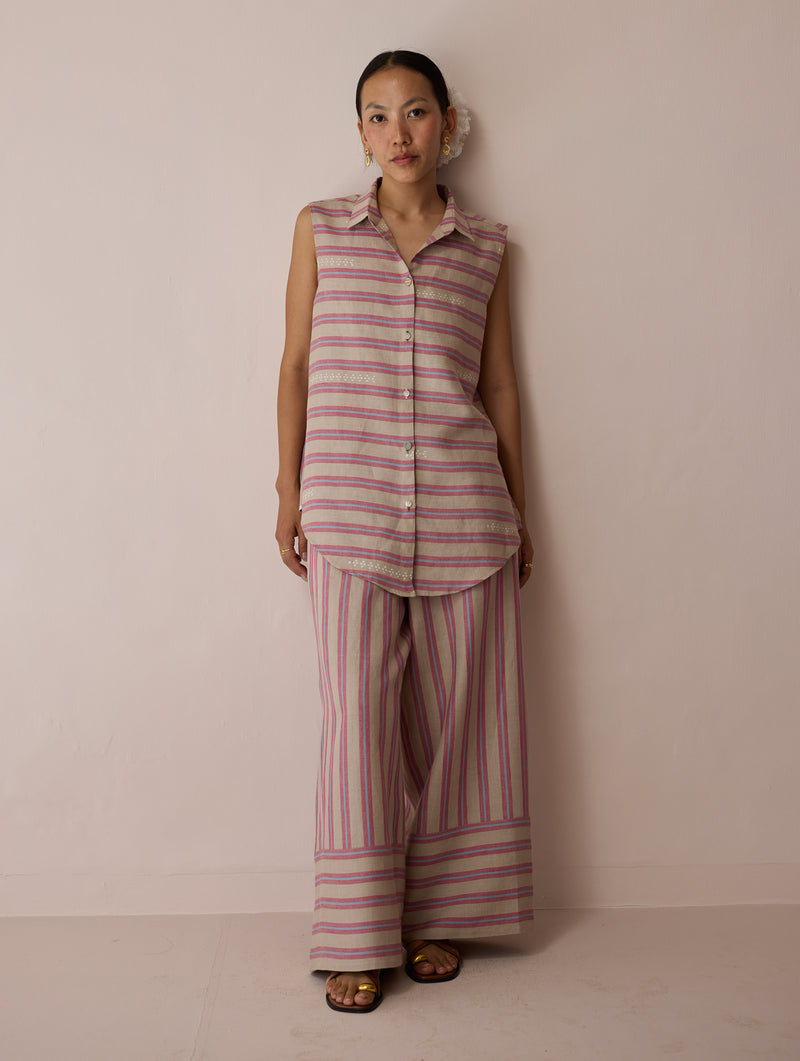 Ello Block-Printed Linen Co-ord-Natural linen co-ord set by Manan in off white for women Worldwide