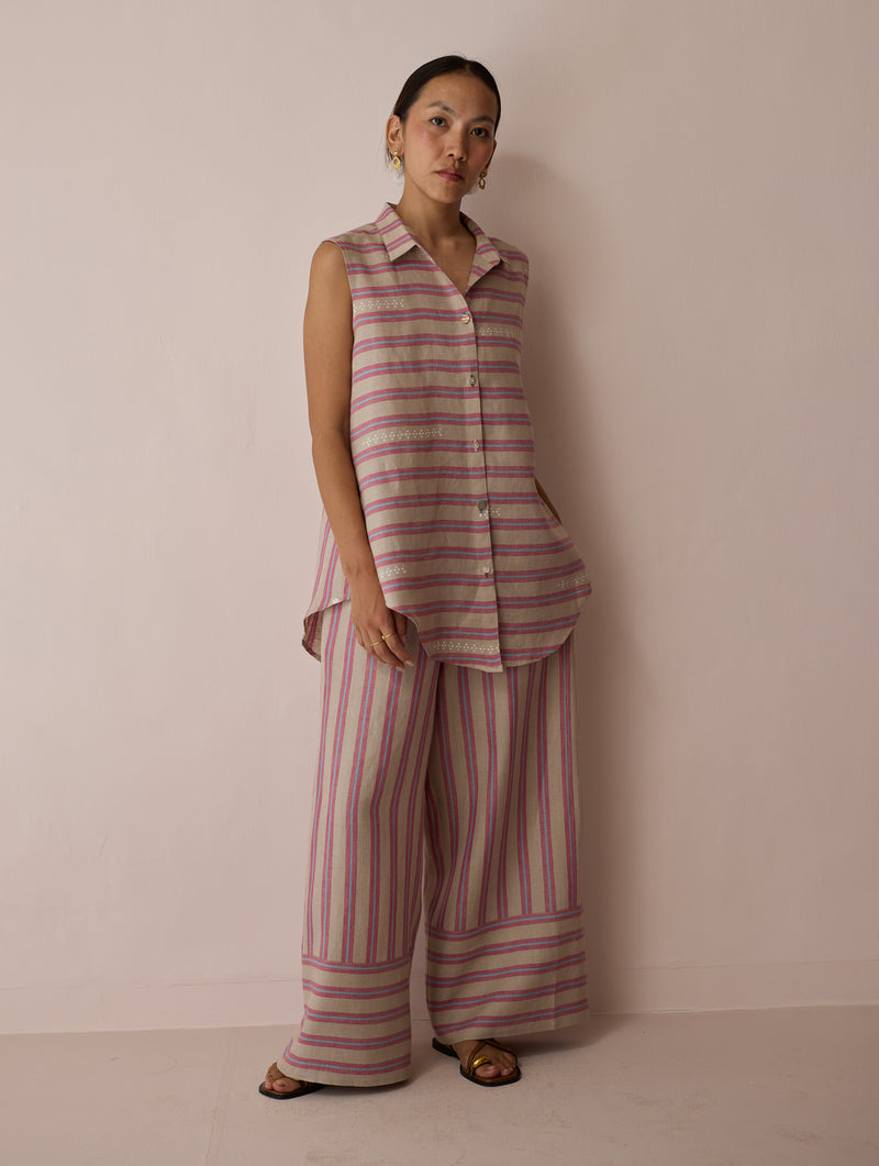 Ello Block-Printed Linen Co-ord-Natural linen co-ord set by Manan in off white for women Worldwide
