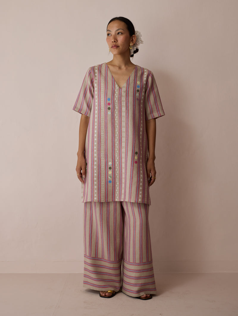 Selle Linen Applique Kurta Set-Natural linen co-ord set by Manan in off white for women Worldwide