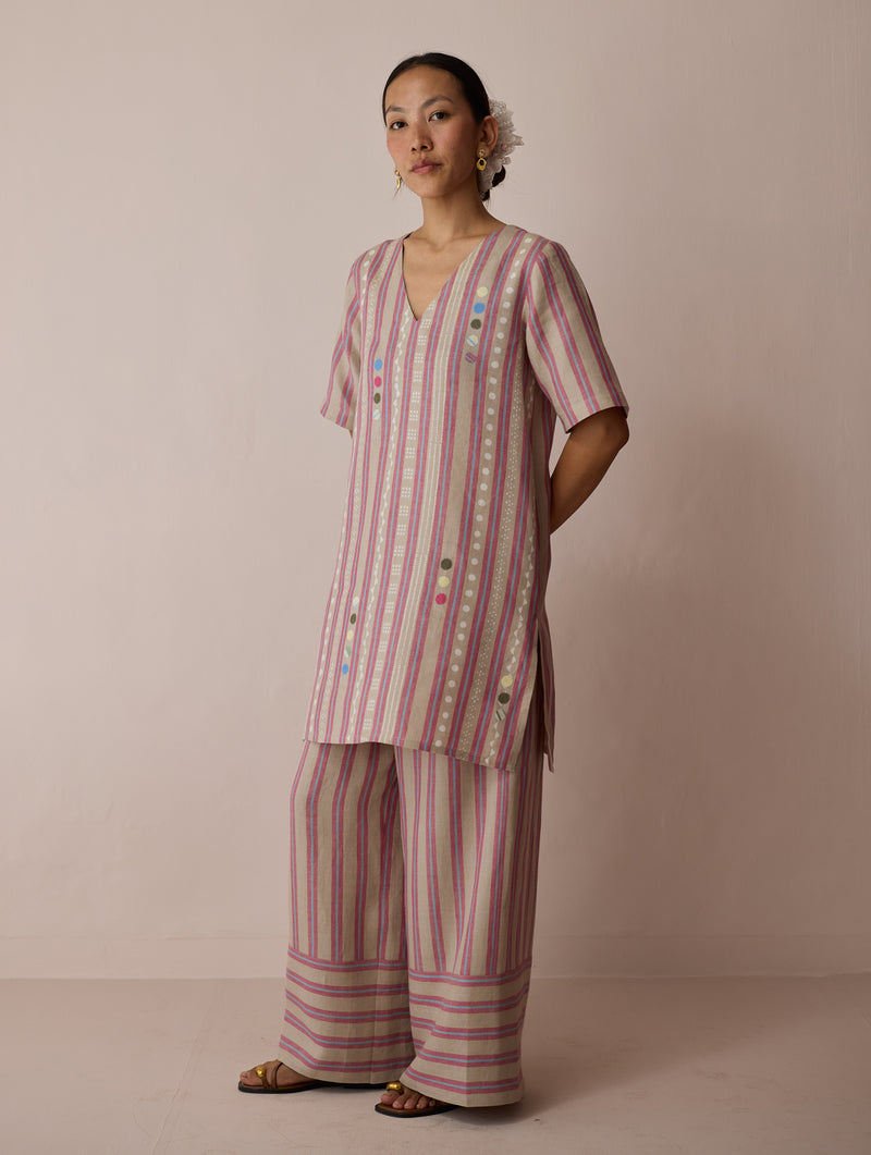 Selle Linen Applique Kurta Set-Natural linen co-ord set by Manan in off white for women Worldwide
