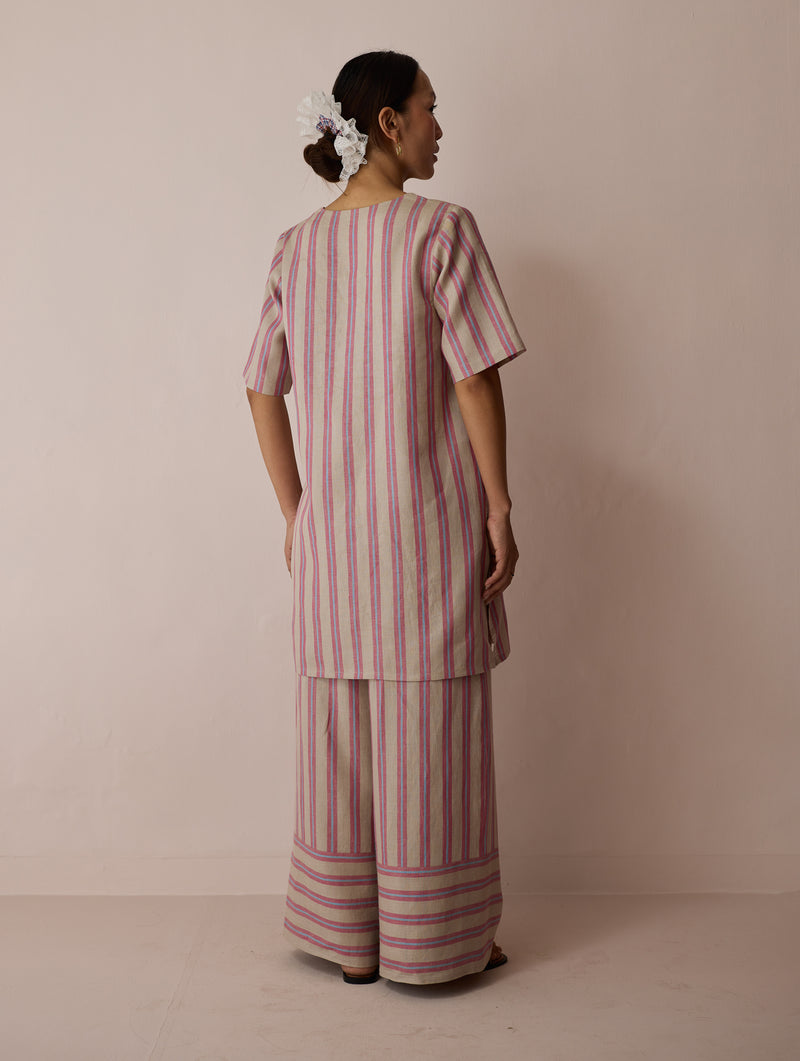 Selle Linen Applique Kurta Set-Natural linen co-ord set by Manan in off white for women Worldwide