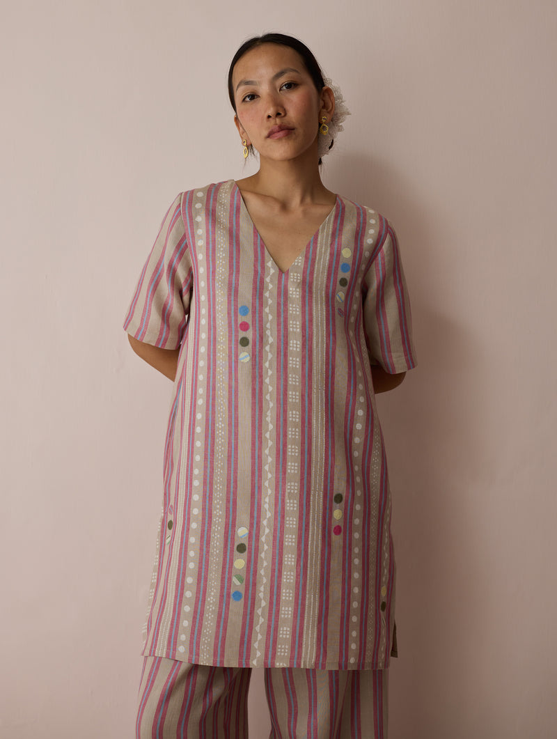 Selle Linen Stripe Applique Kurta-Natural linen tunics/kaftan by Manan in off white for women Worldwide