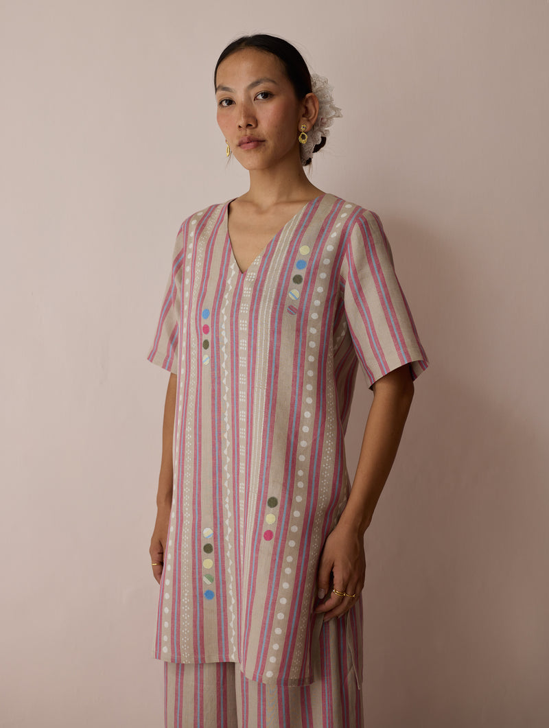 Selle Linen Applique Kurta Set-Natural linen co-ord set by Manan in off white for women Worldwide