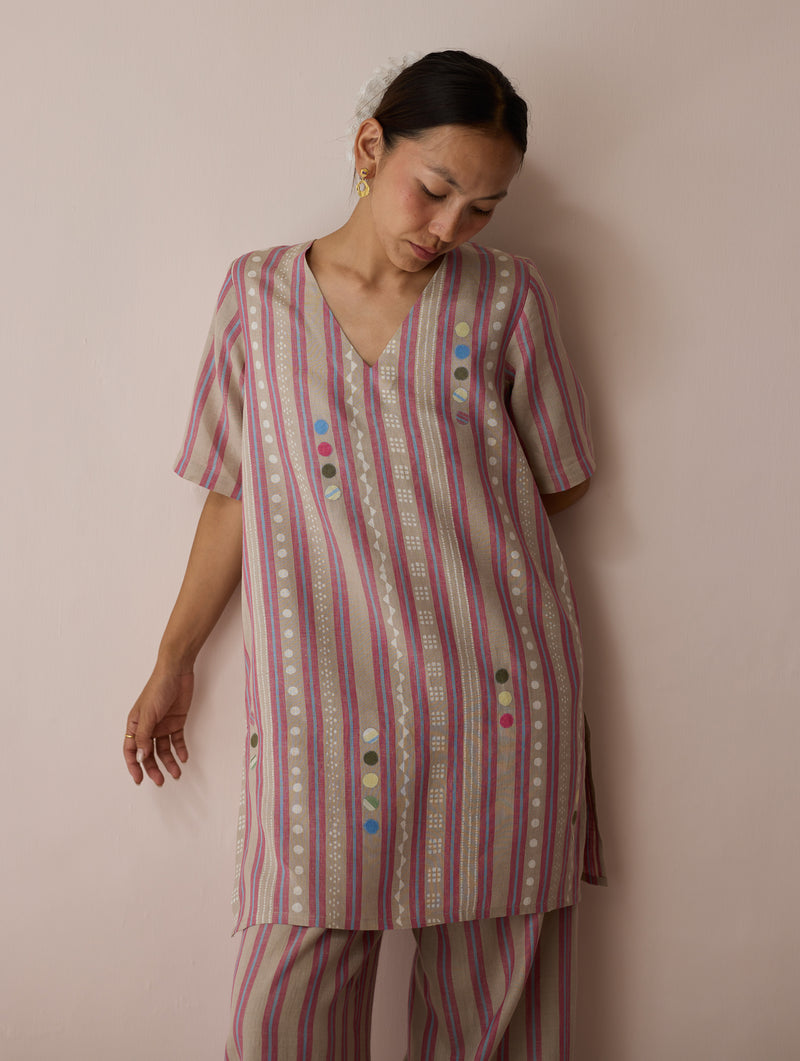 Selle Linen Stripe Applique Kurta-Natural linen tunics/kaftan by Manan in off white for women Worldwide