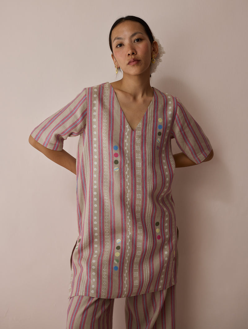 Selle Linen Stripe Applique Kurta-Natural linen tunics/kaftan by Manan in off white for women Worldwide