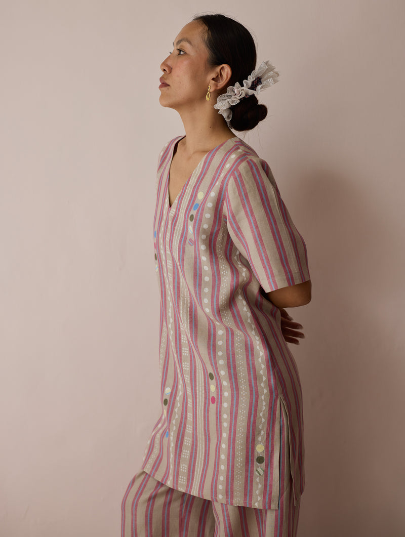 Selle Linen Stripe Applique Kurta-Natural linen tunics/kaftan by Manan in off white for women Worldwide