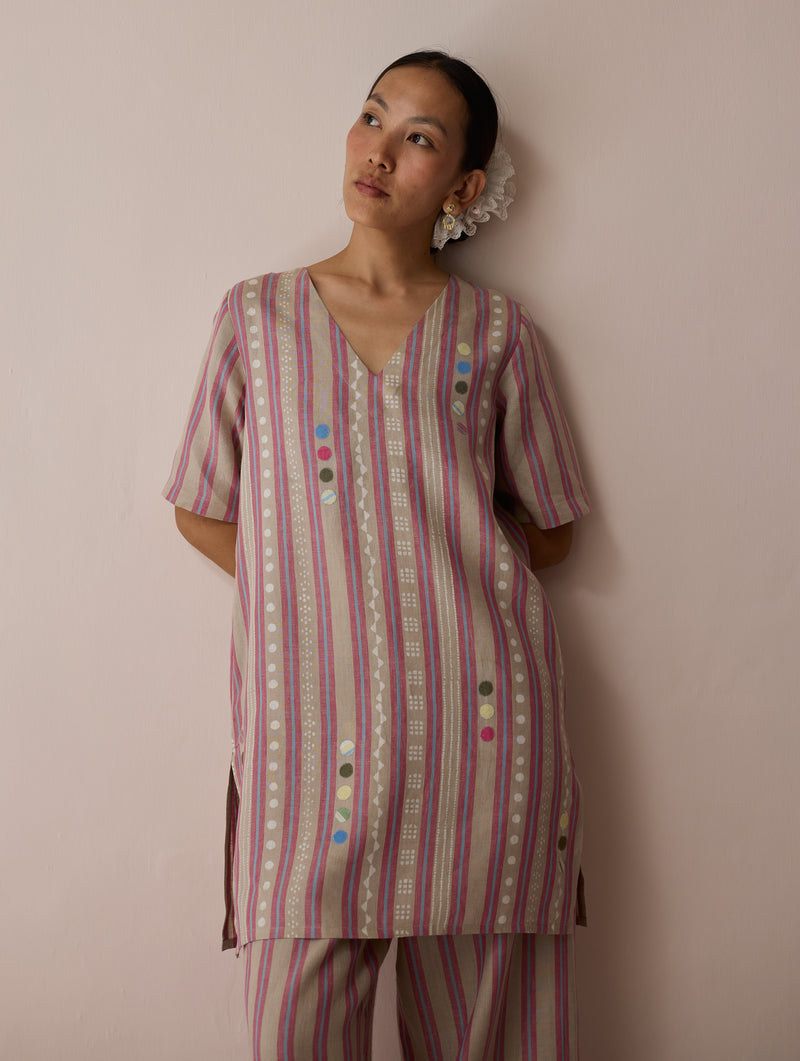 Selle Linen Stripe Applique Kurta-Natural linen tunics/kaftan by Manan in off white for women Worldwide