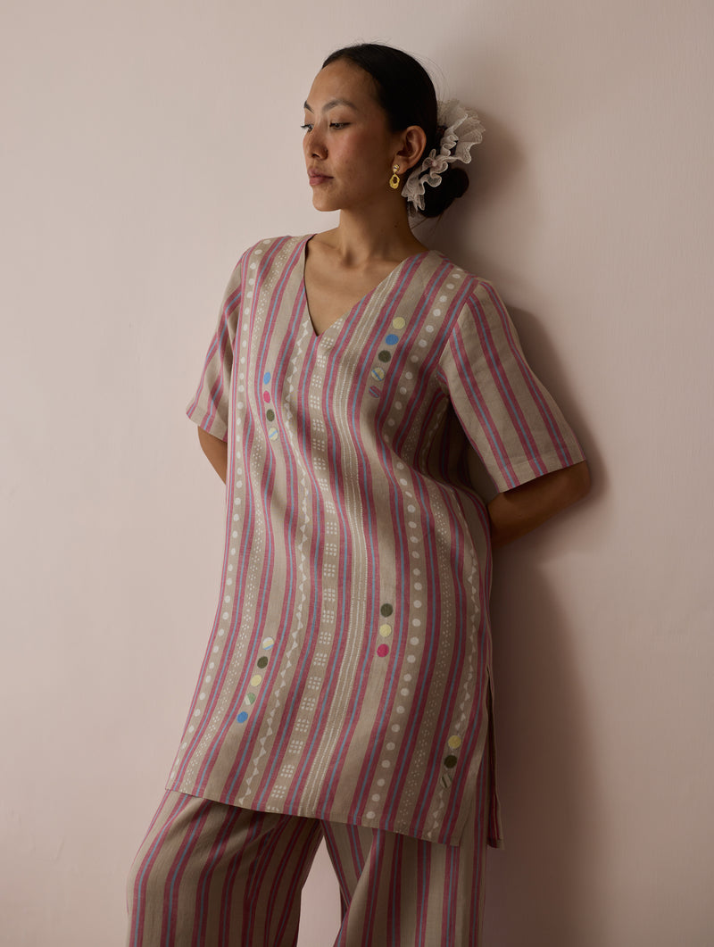 Selle Linen Stripe Applique Kurta-Natural linen tunics/kaftan by Manan in off white for women Worldwide