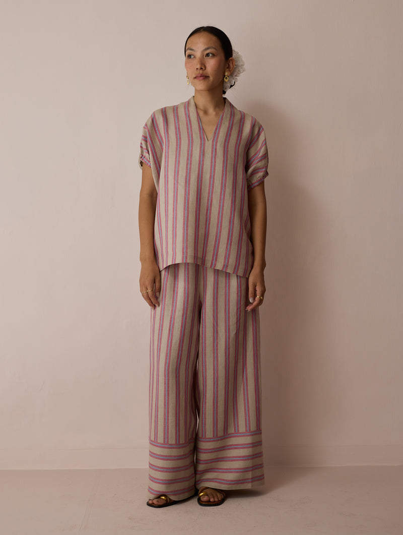 Anne V-Neck Stripe Linen Co-ord-Natural linen co-ord set by Manan in off white for women Worldwide