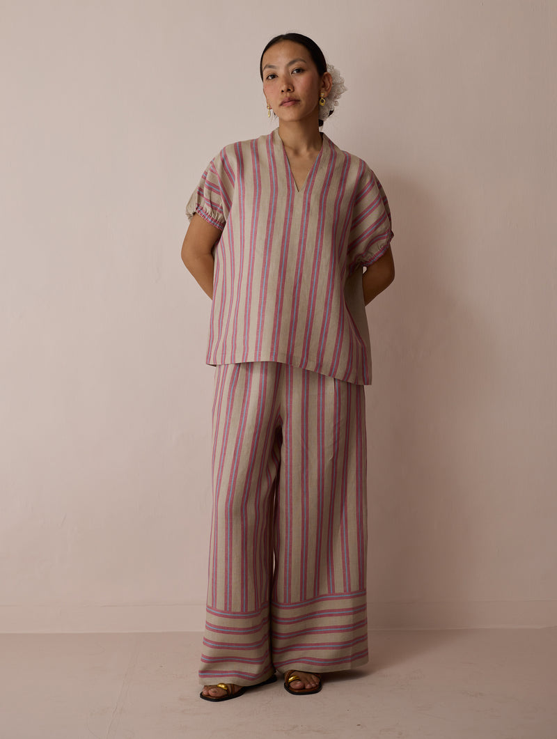 Anne V-Neck Stripe Linen Co-ord-Natural linen co-ord set by Manan in off white for women Worldwide