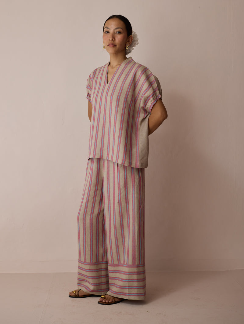 Anne V-Neck Stripe Linen Co-ord-Natural linen co-ord set by Manan in off white for women Worldwide