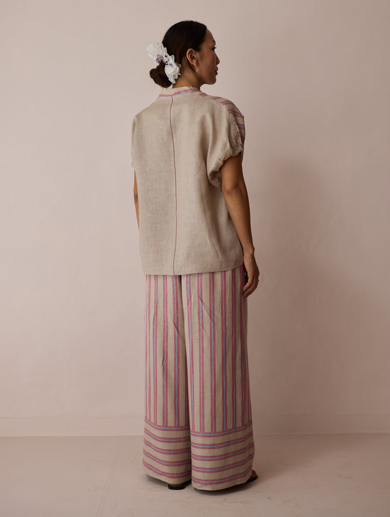 Anne V-Neck Stripe Linen Co-ord-Natural linen co-ord set by Manan in off white for women Worldwide