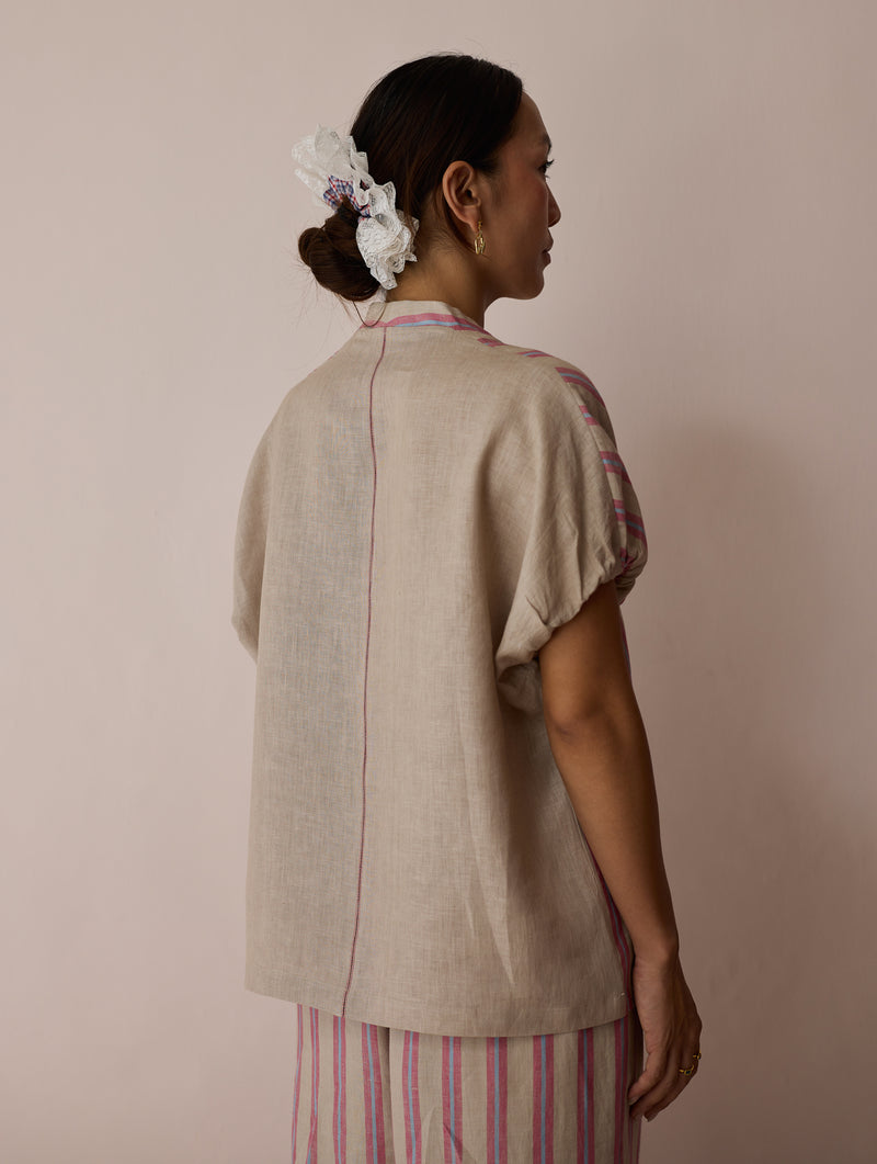 Anne V-Neck Stripe Linen Co-ord-Natural linen co-ord set by Manan in off white for women Worldwide