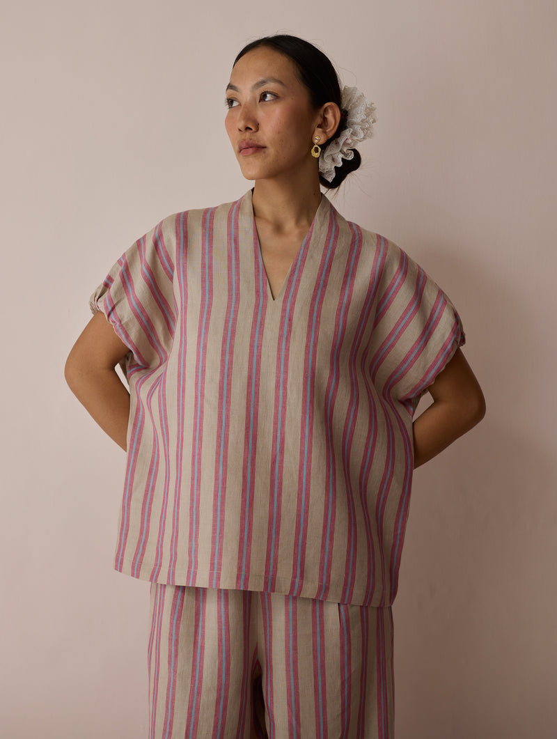 Anne V-Neck Stripe Linen Co-ord-Natural linen co-ord set by Manan in off white for women Worldwide