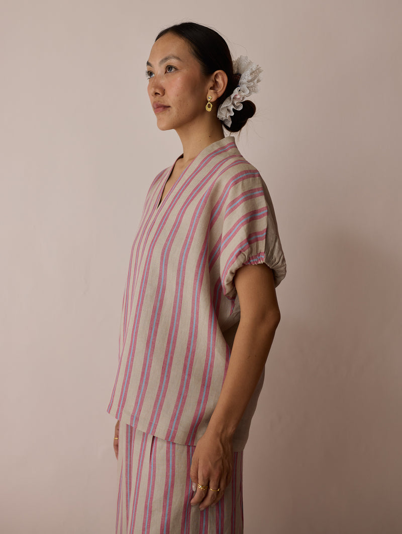 Anne V-Neck Stripe Linen Top-Natural linen top/shirt by Manan in off white for women Worldwide