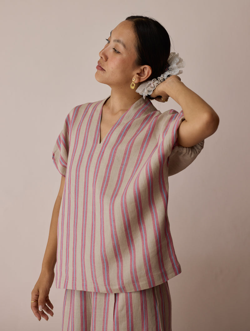 Anne V-Neck Stripe Linen Co-ord-Natural linen co-ord set by Manan in off white for women Worldwide