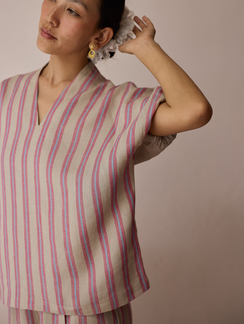 Anne V-Neck Stripe Linen Top-Natural linen top/shirt by Manan in off white for women Worldwide