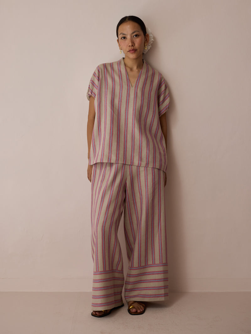 Anne V-Neck Stripe Linen Co-ord-Natural linen co-ord set by Manan in off white for women Worldwide