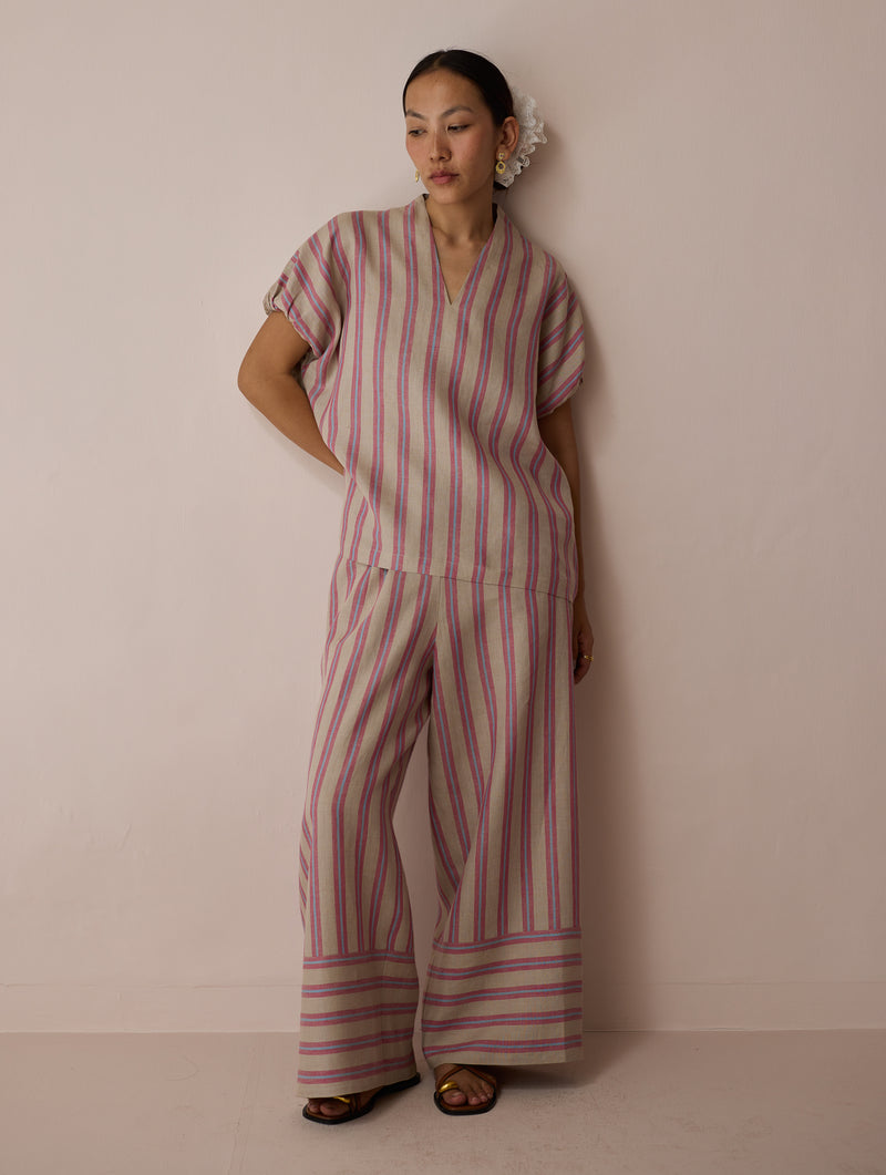 Anne V-Neck Stripe Linen Co-ord-Natural linen co-ord set by Manan in off white for women Worldwide