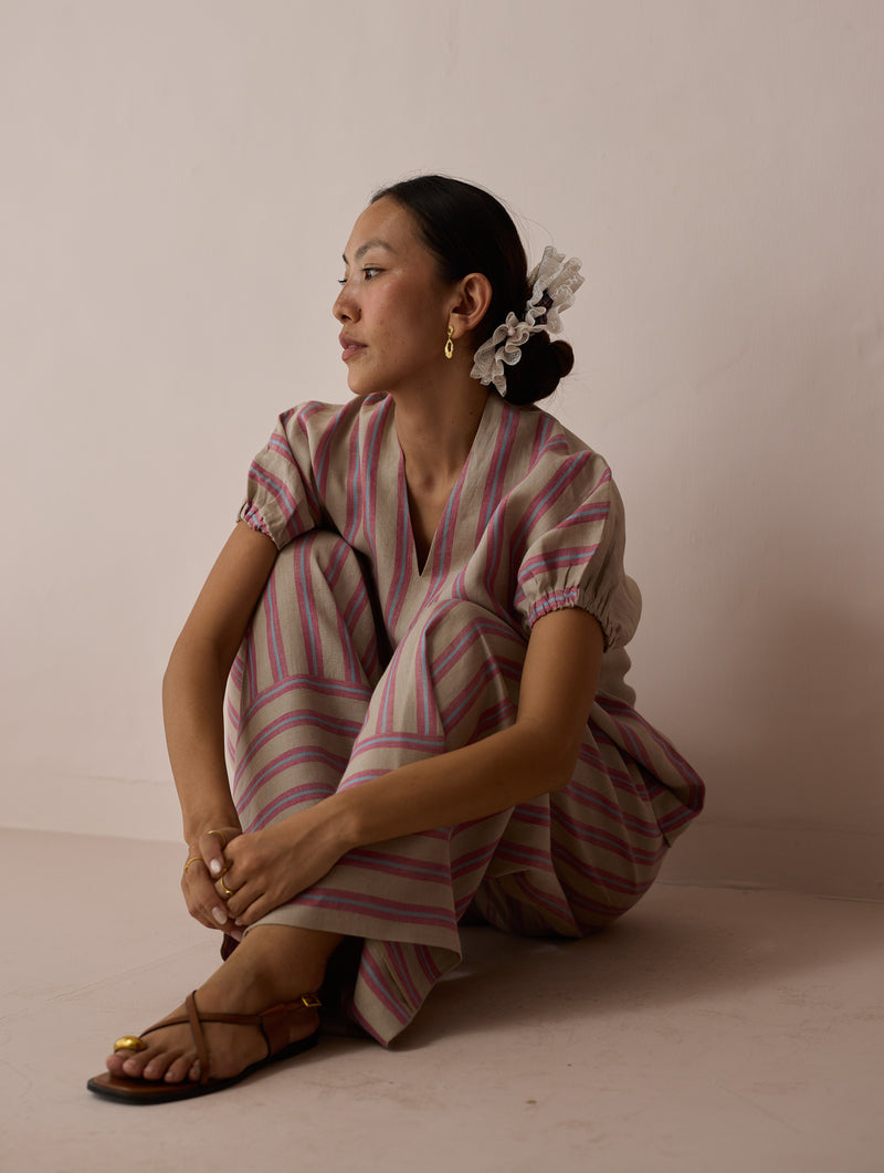 Anne V-Neck Stripe Linen Co-ord-Natural linen co-ord set by Manan in off white for women Worldwide