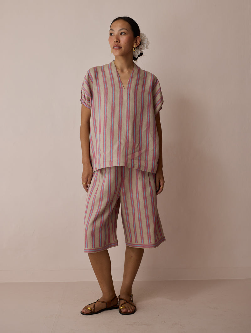 Ena Stripe Linen Jorts-Natural linen short by Manan in off white for women Worldwide