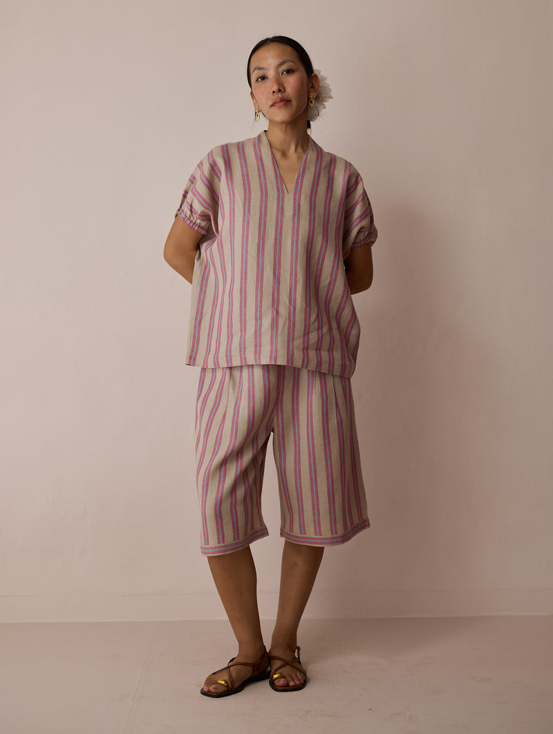 Ena Stripe Linen Jorts-Natural linen short by Manan in off white for women Worldwide