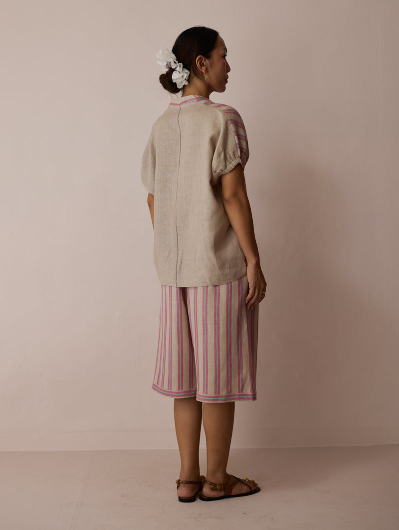 Ena Stripe Linen Jorts-Natural linen short by Manan in off white for women Worldwide