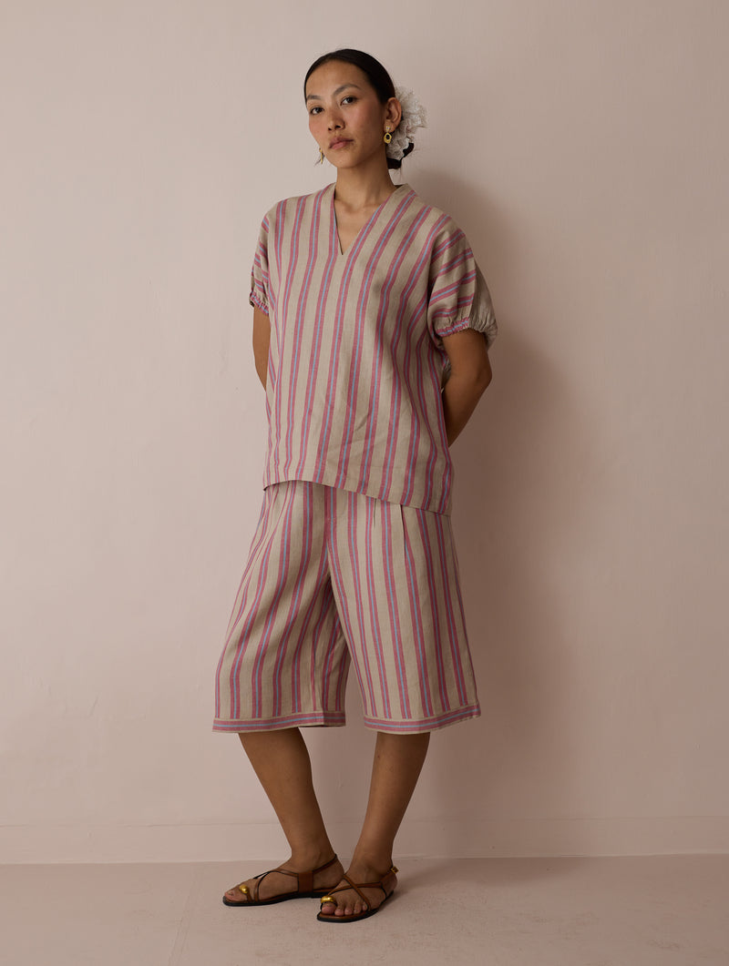 Ena Stripe Linen Jorts-Natural linen short by Manan in off white for women Worldwide