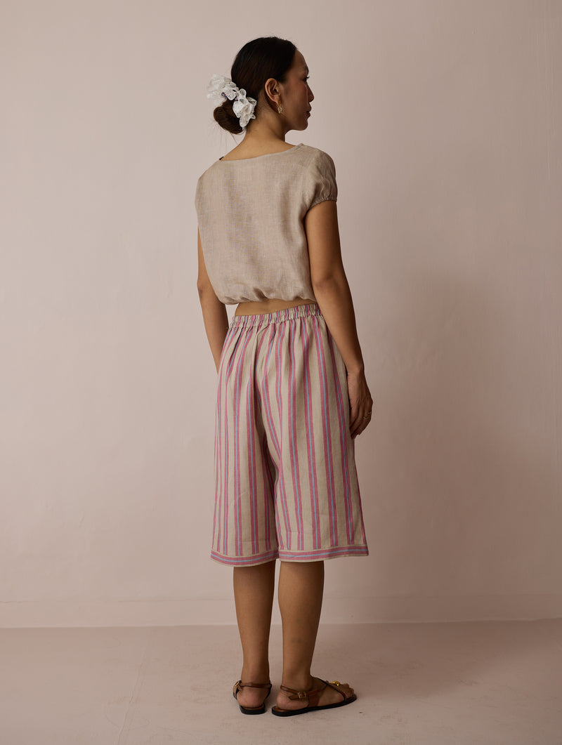 Ena Stripe Linen Jorts-Natural linen short by Manan in off white for women Worldwide