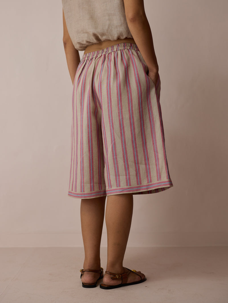 Ena Stripe Linen Jorts-Natural linen short by Manan in off white for women Worldwide