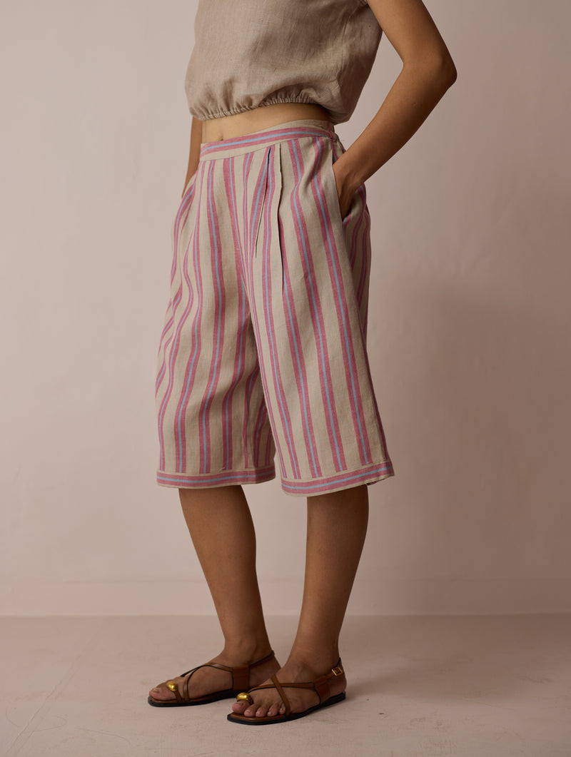 Ena Stripe Linen Jorts-Natural linen short by Manan in off white for women Worldwide
