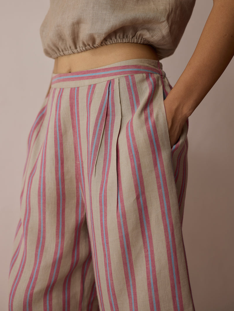 Ena Stripe Linen Jorts-Natural linen short by Manan in off white for women Worldwide