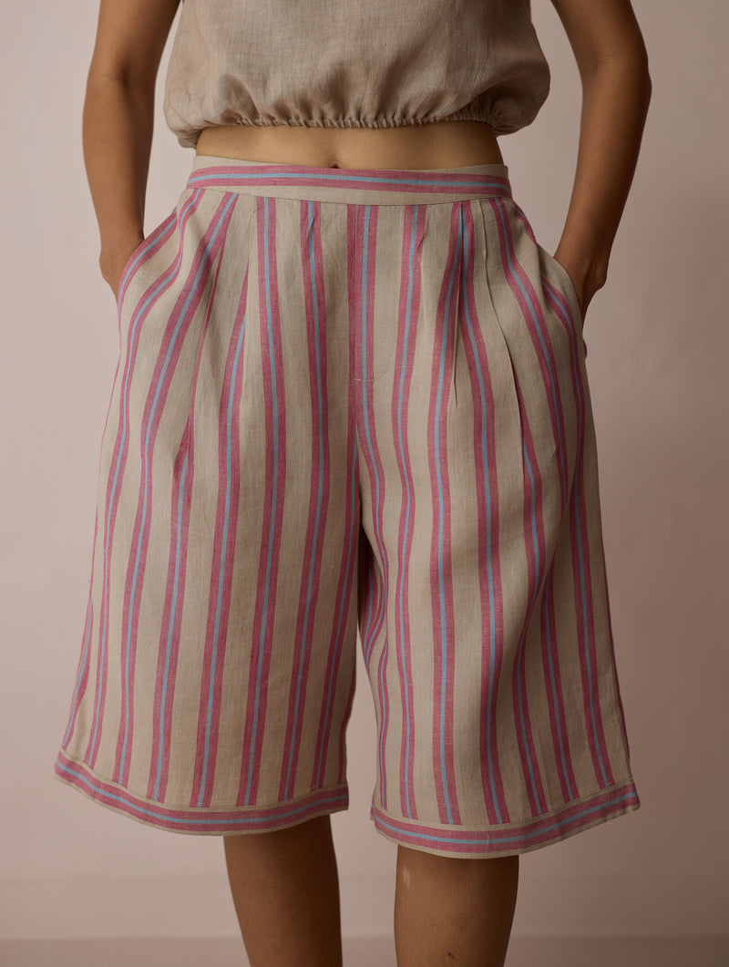Ena Stripe Linen Jorts-Natural linen short by Manan in off white for women Worldwide