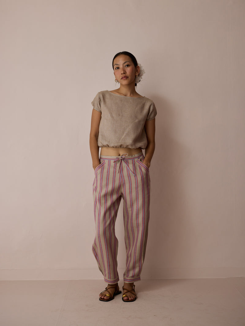 Terra Pleated Hem Stripe Linen Pants-Natural linen pant/trouser by Manan in off white for women Worldwide
