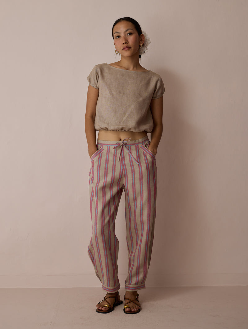 Terra Pleated Hem Stripe Linen Pants-Natural linen pant/trouser by Manan in off white for women Worldwide