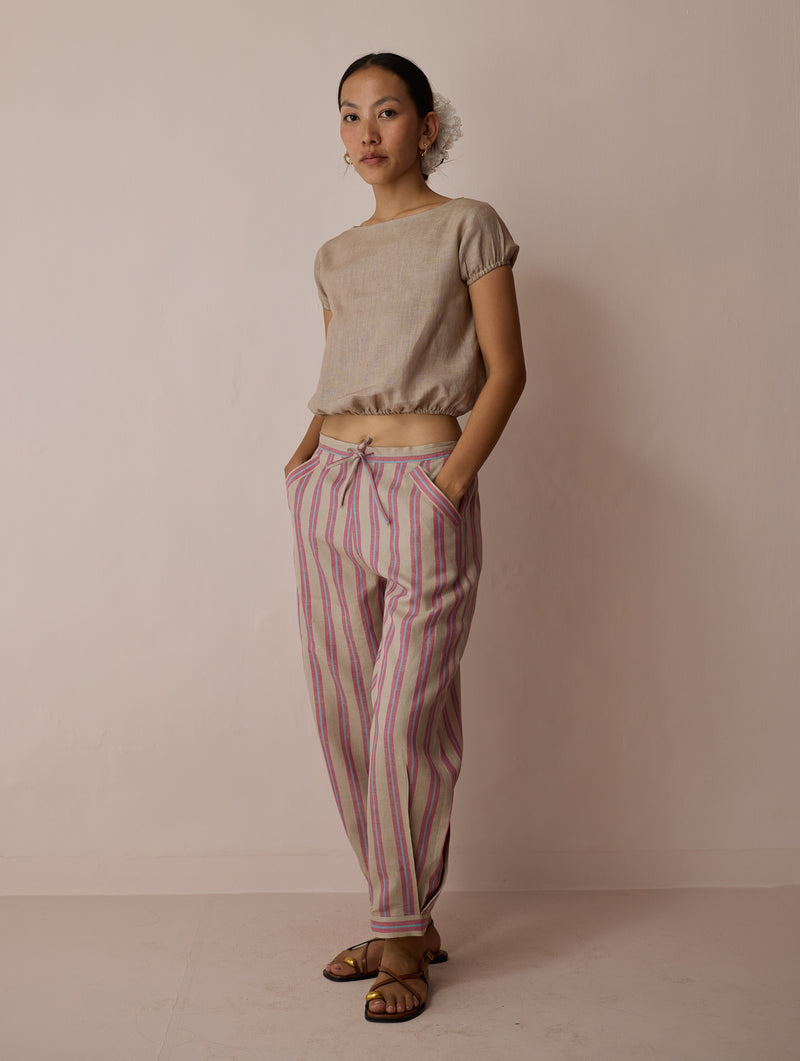 Terra Pleated Hem Stripe Linen Pants-Natural linen pant/trouser by Manan in off white for women Worldwide