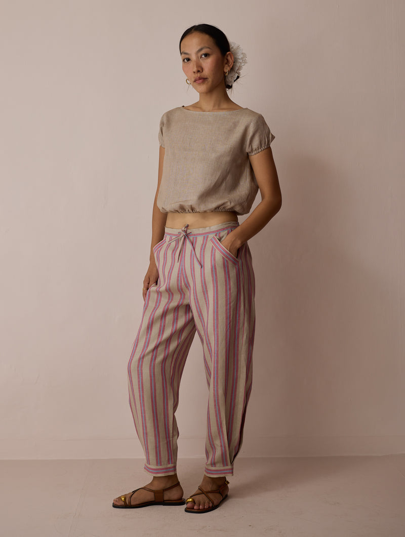 Terra Pleated Hem Stripe Linen Pants-Natural linen pant/trouser by Manan in off white for women Worldwide