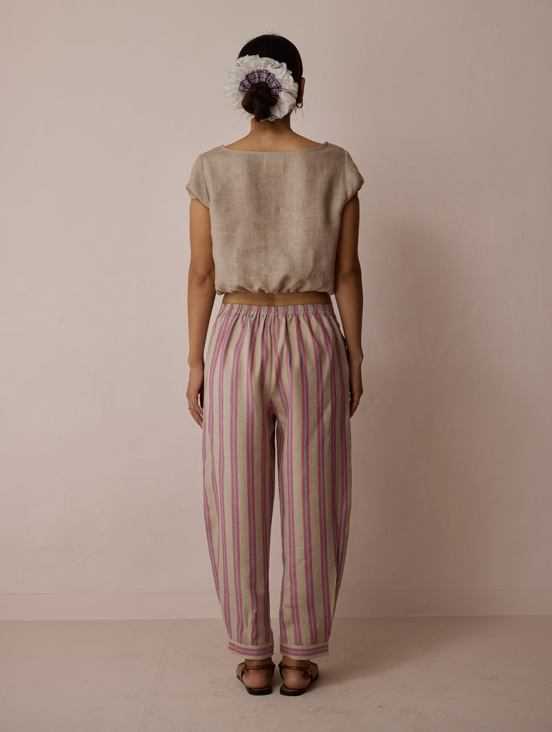 Terra Pleated Hem Stripe Linen Pants-Natural linen pant/trouser by Manan in off white for women Worldwide