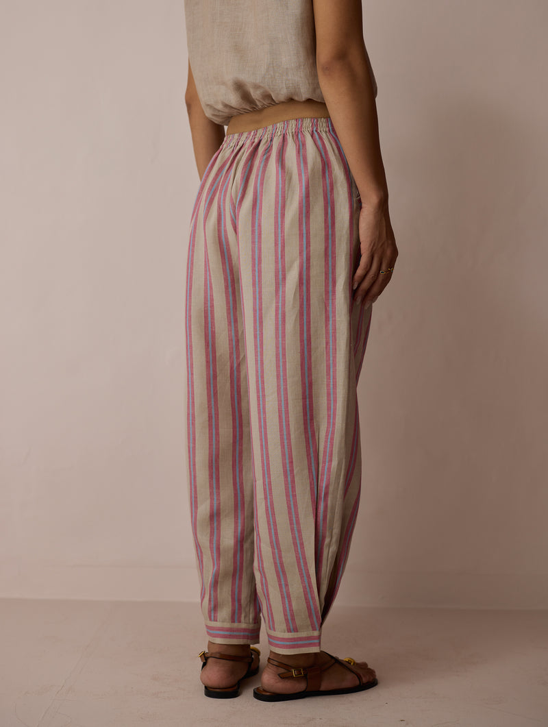 Terra Pleated Hem Stripe Linen Pants-Natural linen pant/trouser by Manan in off white for women Worldwide