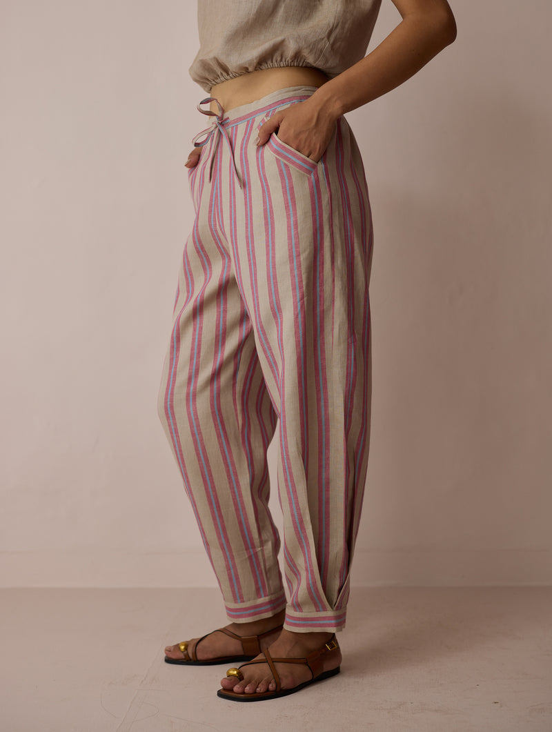 Terra Pleated Hem Stripe Linen Pants-Natural linen pant/trouser by Manan in off white for women Worldwide