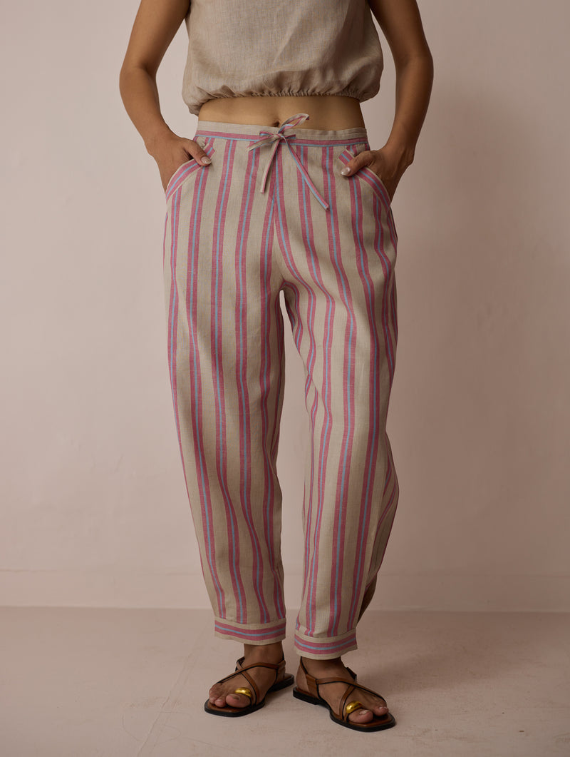 Terra Pleated Hem Stripe Linen Pants-Natural linen pant/trouser by Manan in off white for women Worldwide