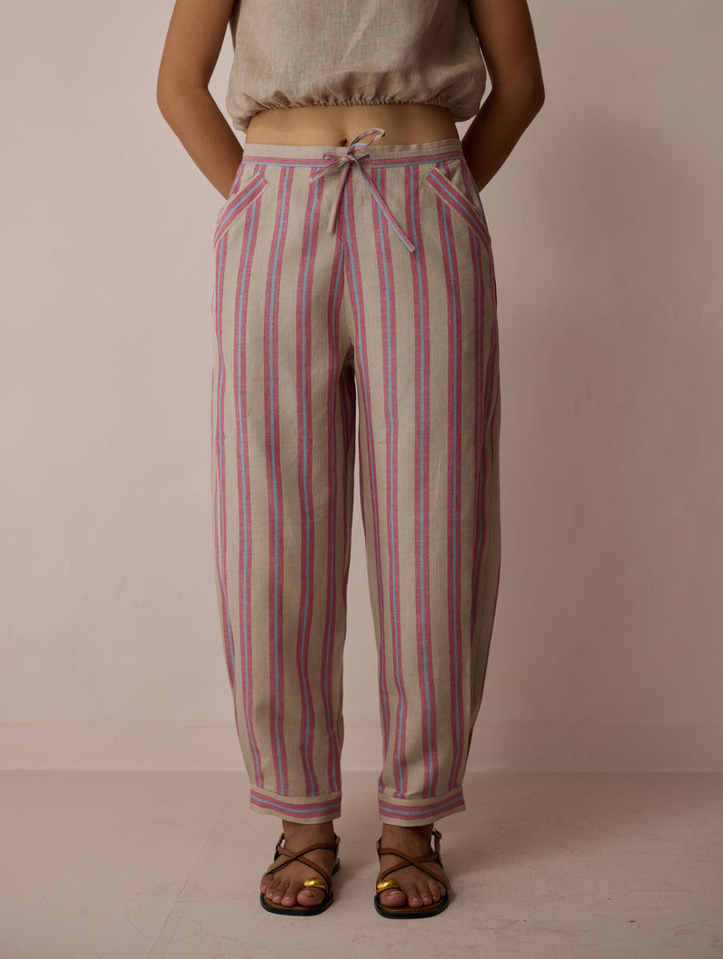 Terra Pleated Hem Stripe Linen Pants-Natural linen pant/trouser by Manan in off white for women Worldwide