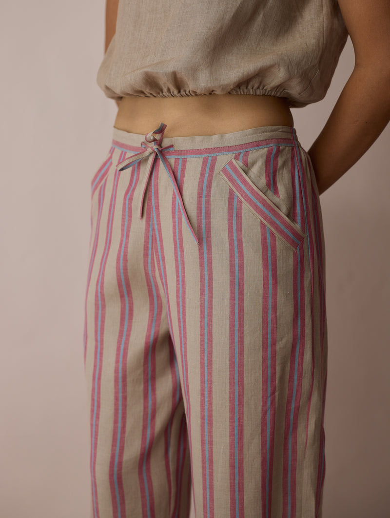 Terra Pleated Hem Stripe Linen Pants-Natural linen pant/trouser by Manan in off white for women Worldwide