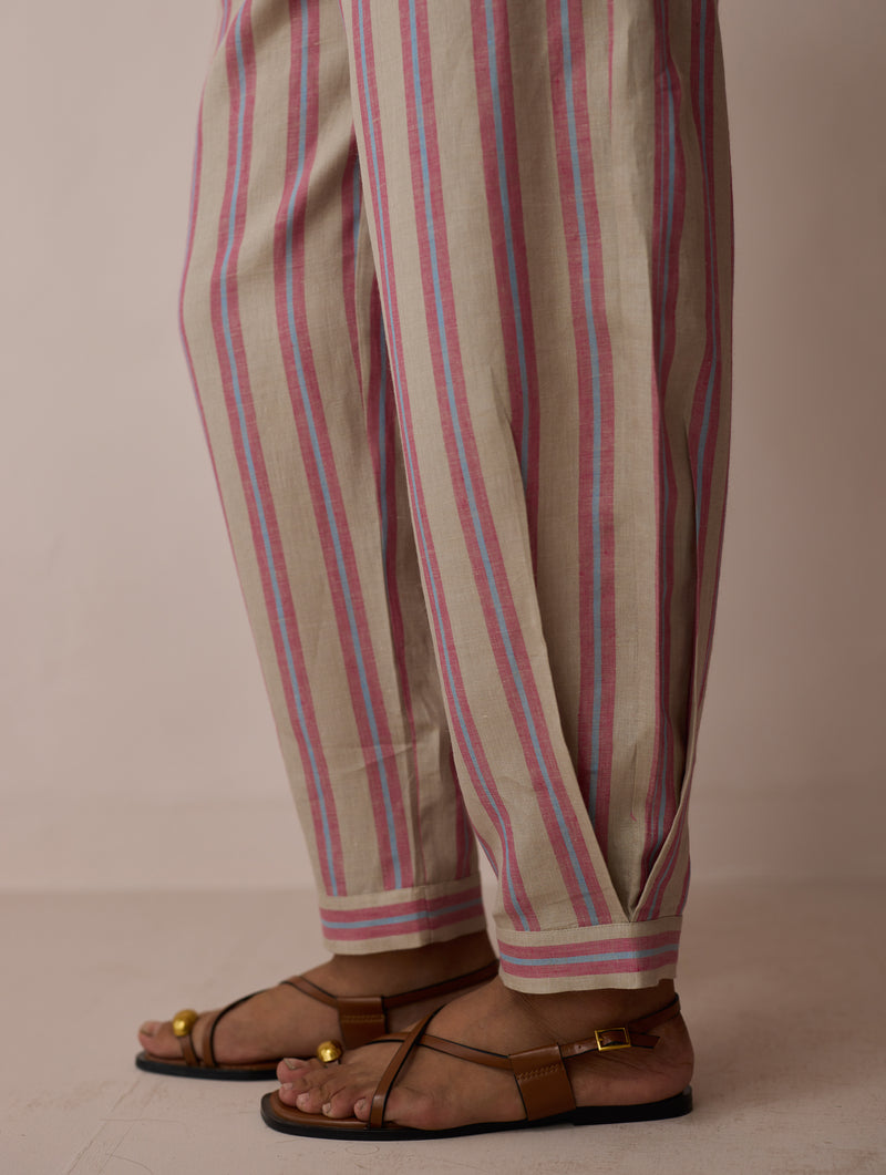 Terra Pleated Hem Stripe Linen Pants-Natural linen pant/trouser by Manan in off white for women Worldwide
