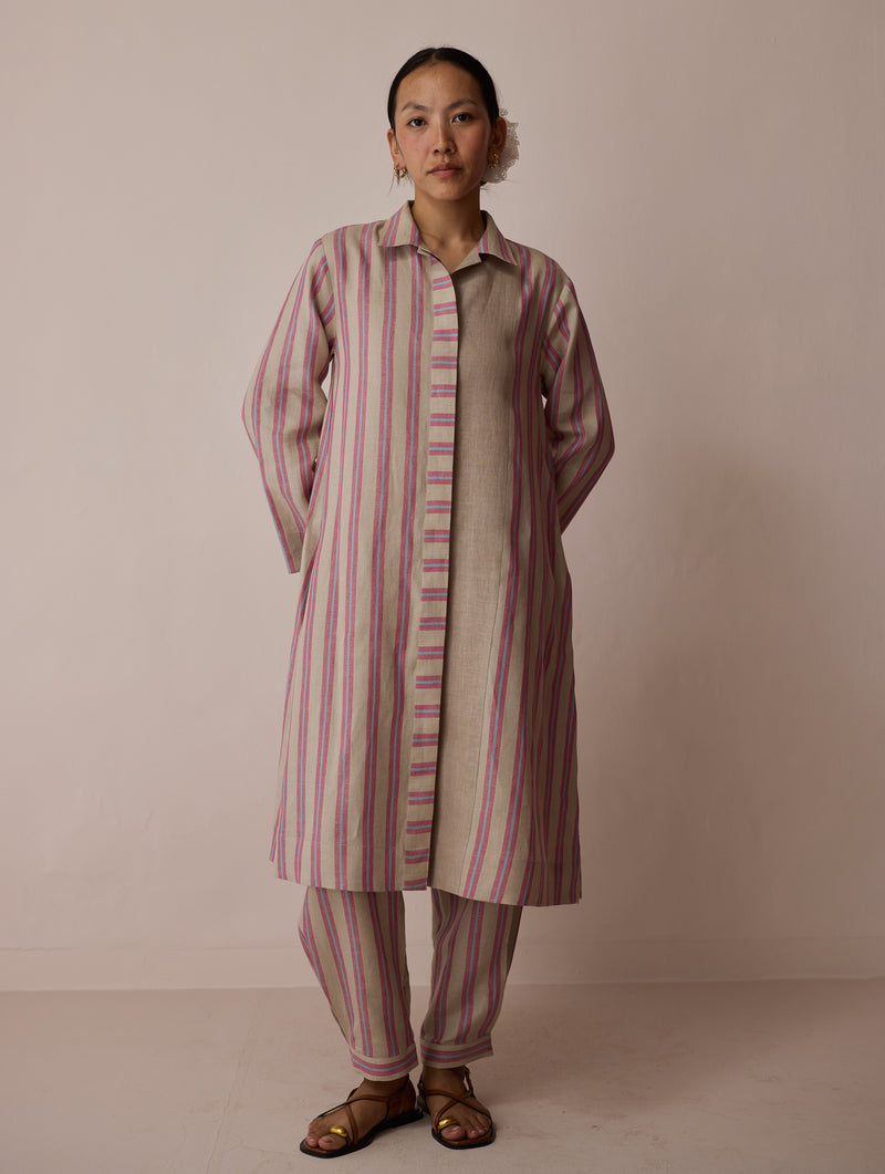 Joana Patchwork Stripe Linen Kurta Sets-Natural linen light kurta set by Manan in off white for women Worldwide
