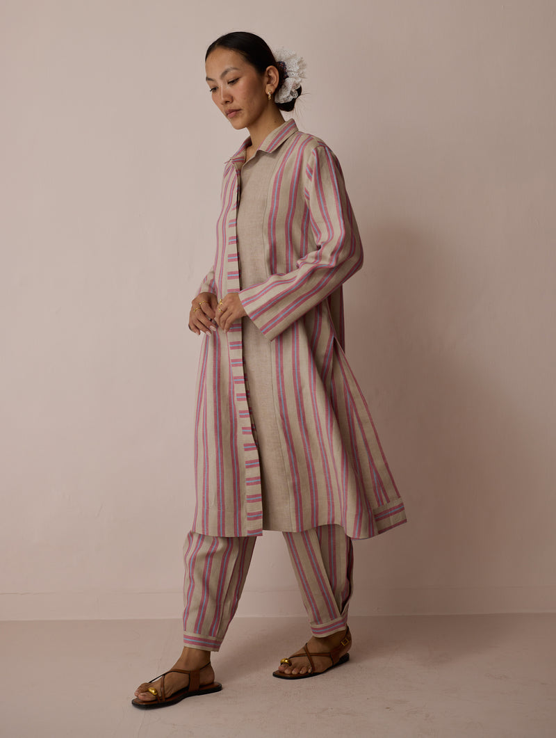 Joana Patchwork Stripe Linen Kurta Sets-Natural linen light kurta set by Manan in off white for women Worldwide