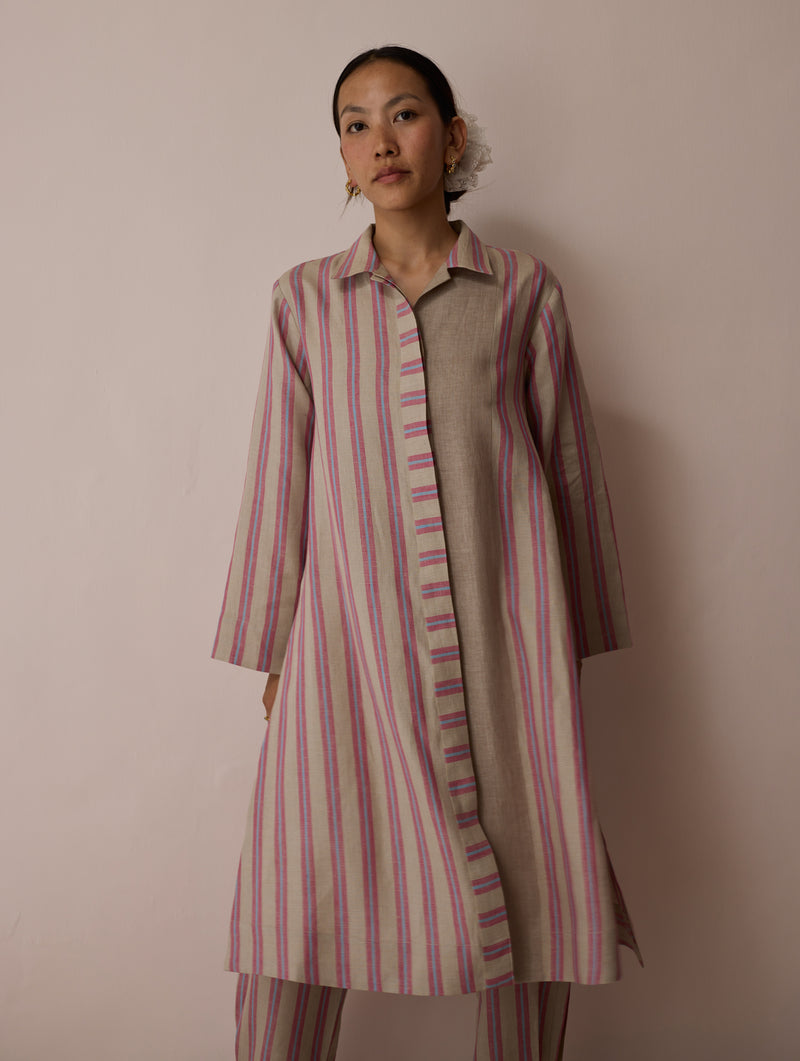 Joana Patchwork Stripe Linen Shirt Kurta-Natural linen tunics/kaftan by Manan in off white for women Worldwide